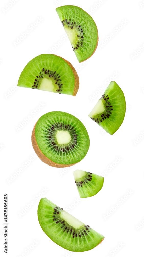 Poster kiwi slices and a half kiwi falling on a transparent background with clipping path included