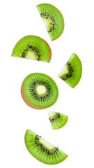Kiwi slices and a half kiwi falling on a transparent background with clipping path included