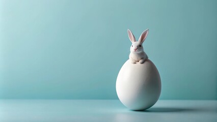 Fototapeta premium A White Rabbit Perched Atop a Giant Egg, a Symbol of Spring and New Beginnings