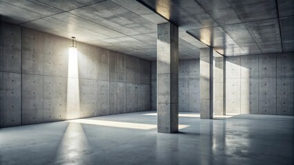 A single light source illuminates a minimalist concrete interior space, casting shadows on the smooth floor and walls, revealing the structural elements of the room.