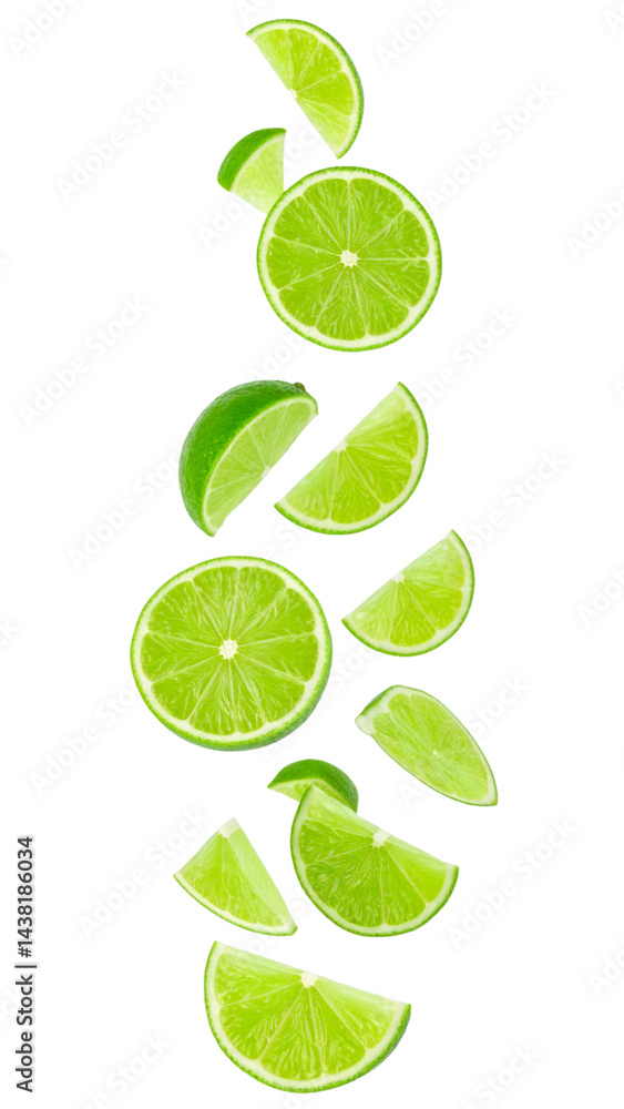 Poster fresh lime slices and wedges falling chaotically on transparent background with clipping path