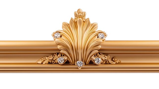 Golden ornamental crest detail Central stylized leaf with embedded jewels on gold surface - Powered by Adobe