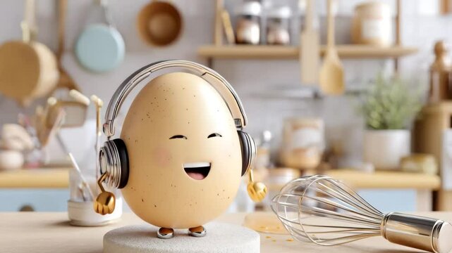 3D cartoon egg character with headphones and golden hands dancing in a cozy kitchen setting next to baking tools. 4K video