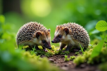 Fototapeta premium Two hedgehogs exploring forest floor, vibrant green foliage, woodland, couple, mammal