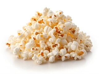 A mound of freshly popped popcorn isolated on a white background.