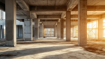 Modern Building Construction Site Interior Empty Spacious Concrete Structure Beams Pillars Sunlight Daytime Industrial Architecture Design Development