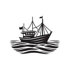 Fishing boat at sea silhouette simple style