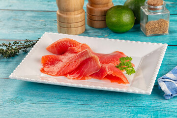 Delicous sliced salmon fillet  ready to eat