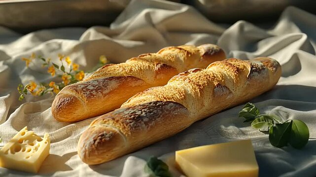 Freshly baked baguettes with cheese and herbs on a textured cloth background in a kitchen setting