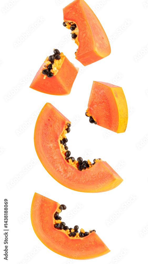 Poster sliced papaya falling on transparent background with clipping path