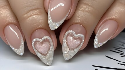 Fototapeta premium Soft Pink Heart-Themed Nail Art with Elegant White Accents