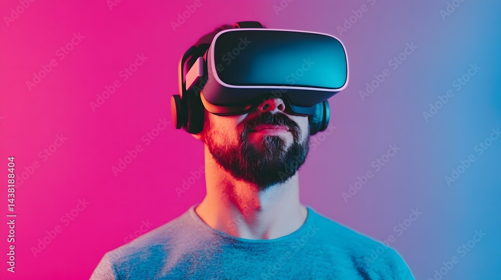 Poster man using futuristic virtual reality headset in vibrant colorful studio backdrop