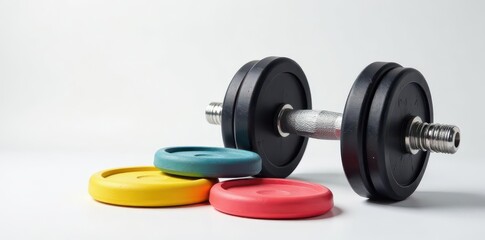 Heavy dumbbell with textured plates, studio shot on white backdrop ,  workout equipment,  weights