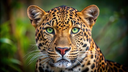 A Close-Up Portrait of a Leopard with Green Eyes, Looking Directly at the Camera, Revealing its Intricate Pattern and Powerful Presence