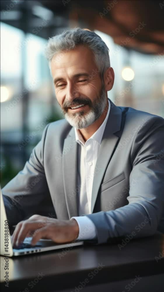 Poster a man in a gray suit is smiling and typing on a laptop. he is happy and content while working