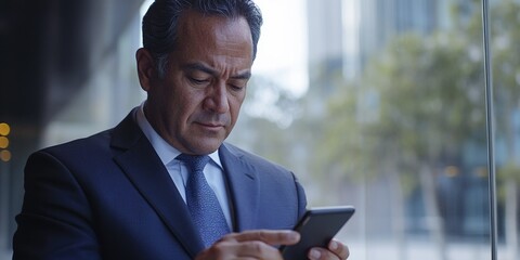 A man in a suit using his cellphone while standing inside a building with large windows. He appears focused and is likely communicating or checking information on the device.