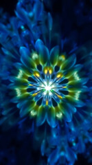 Fototapeta premium a mesmerizing kaleidoscope of Bluebells flower petals arranged in fractal symmetry, glowing softly against a deep indigo void, subtle prism refractions, created b y generative ai