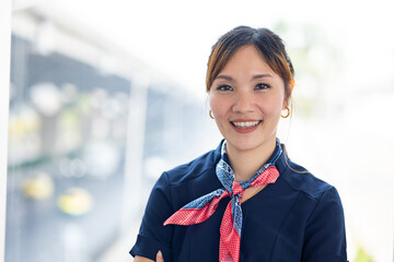 Portrait female Cabin crew or air hostess in airport. Cabin crew, air hostess working in airplane....