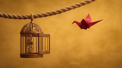 Open ornate birdcage hangs from rope, red origami crane flies nearby, symbolizing freedom and escape from confinement against golden background