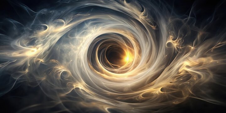 Abstract swirling light and smoke form a vortex of golden energy, leading to a glowing portal