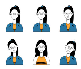 Girl with Glasses Emotions Set in Blue Jacket