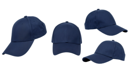 Four blue baseball caps shown from various angles, isolated on a transparent background, ready for customization and mockup designs