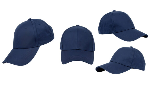 Four blue baseball caps shown from various angles, isolated on a transparent background, ready for customization and mockup designs