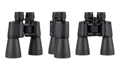 Three black binoculars isolated on transparent background, ready for watching and exploring