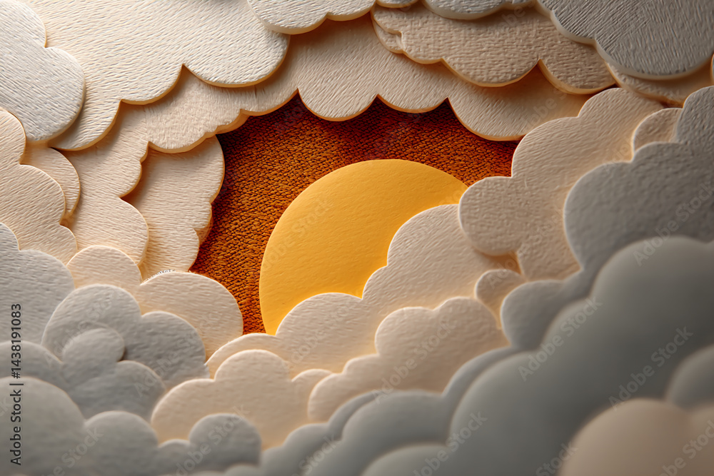 Poster textured cloudscape with a yellow sun peeking through, creating a calm and serene atmosphere, ideal 