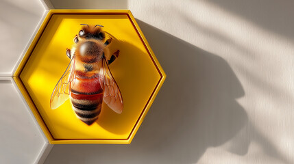 A single honeybee relaxes on a bright yellow hexagonal sunbed, symbolizing a honeycomb cell, in a playful, modern flat lay with soft lighting and quirky shadows on a clean white background.