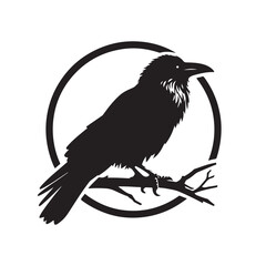 Raven perched on branch silhouette clean outline