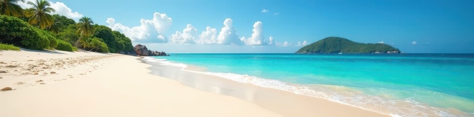 Fototapeta premium Sun-drenched sand, turquoise water, distant islands , scenic, emerald, bright