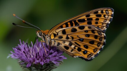 Obraz premium Close-up of a beautiful butterfly on a purple flower. A vibrant butterfly with orange and brown wings, resting delicately on a purple flower head.