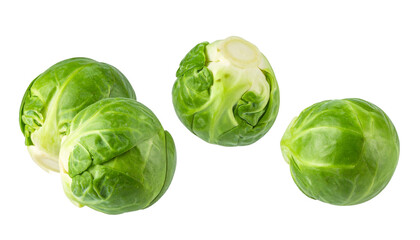 Four fresh brussels sprouts from different angles isolated on a transparent background with clipping path