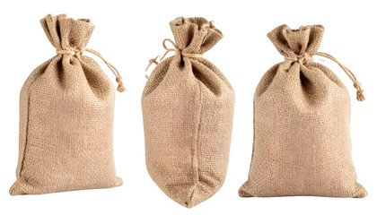 Three closed burlap sacks tied with rope, isolated on transparent background
