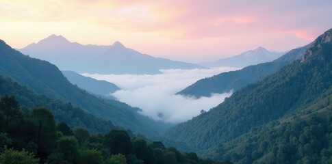 Naklejka premium Misty mountain range, soft clouds drift lazily, clouds, mist