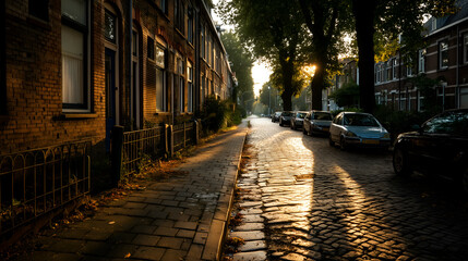 Fototapeta premium Charming Urban Alley with Cobblestones and Sunlight Reflections - Peaceful Residential Architecture