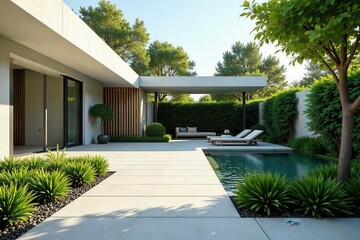 Modern minimalist garden featuring sleek lines & drought-tolerant plants, clean, minimalist