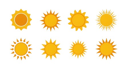 Iconos vectoriales de sol aislados sobre fondo blanco. Conjunto de rayos de sol. Signo vectorial de sol. Colección de iconos de atardecer. Arte abstracto.