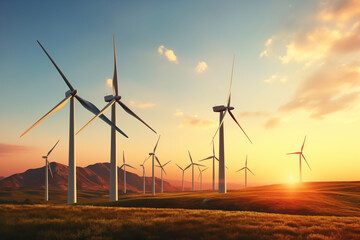 Wind turbines produce clean electricity in a good environment and view.