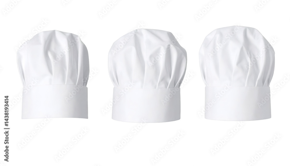 Poster three white chef hats from different angles on transparent background
