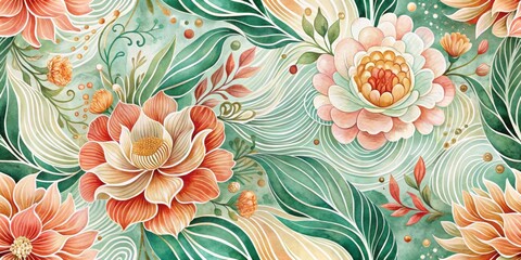 Watercolor Floral Illustration with Detailed Flower Petals and Abstract Swirling Lines on a Green Background