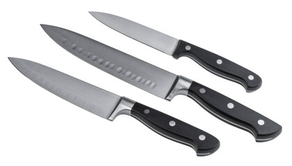 Set of three chef knives lying on transparent background