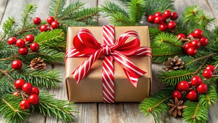 A brown gift box with red striped ribbon tied in a bow surrounded by festive evergreen branches with red berries and pine cones on a wooden background