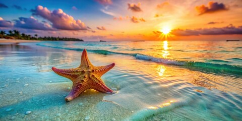 Fototapeta na wymiar A single starfish lies on a pristine beach as the golden rays of the setting sun illuminate the tranquil ocean waves.