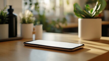 Modern Smartphone Mockup on Wooden Table with Plants