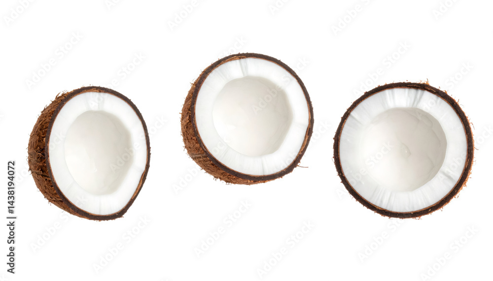 Poster three coconut halves isolated on a transparent background with a clipping path included