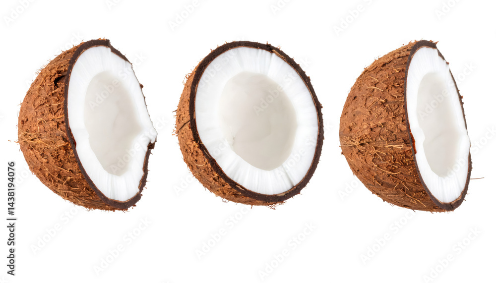 Poster set of three coconut halves from different angles isolated on transparent background with clipping p