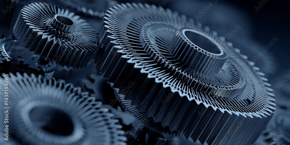 Poster close-up of dark-grey metallic gears, intricate design, showing precision and complexity, symbolizin