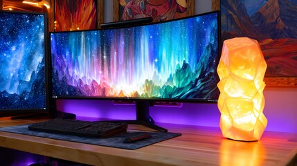 Wide computer monitor displays vibrant colorful scenery; backlit keyboard & warm lamp